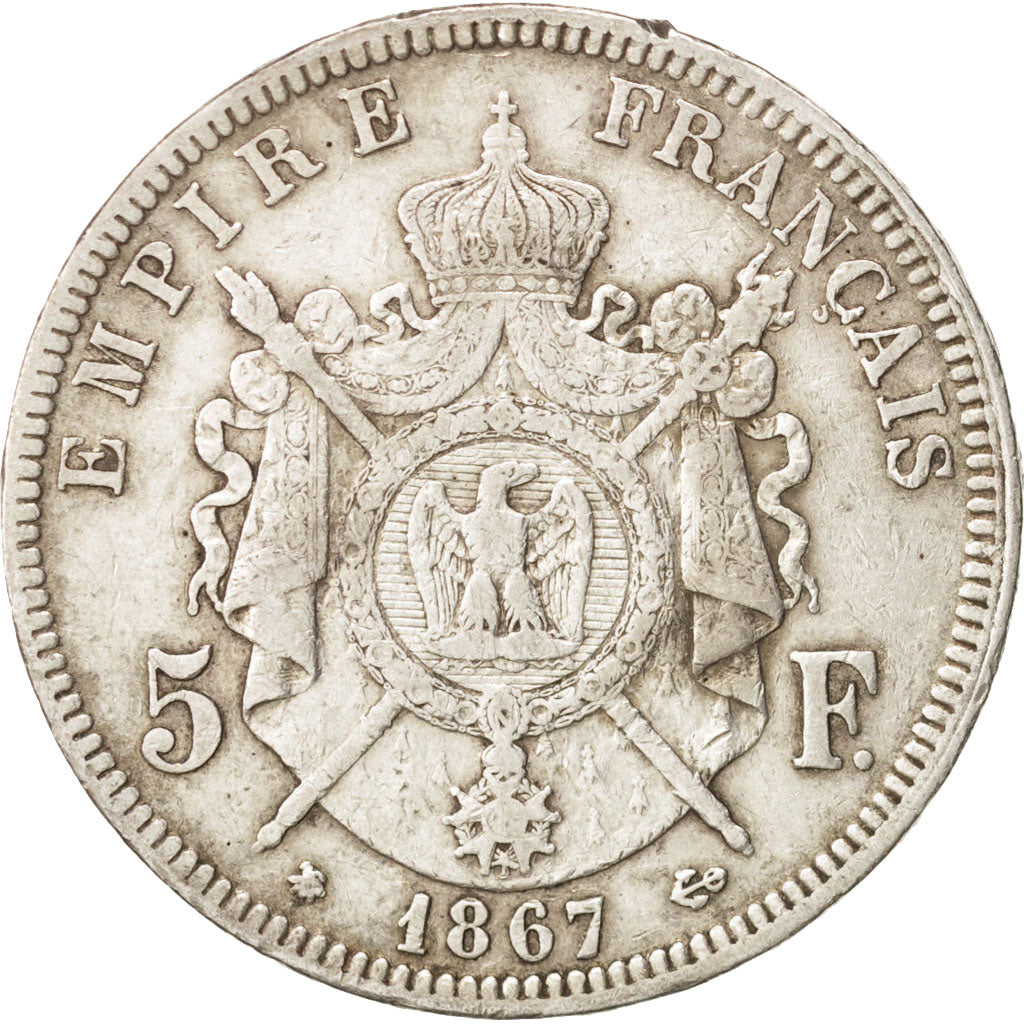 France, Napoleon III, 5 Francs, 1867, Paris, VF(30-35), KM 799.1, Gadoury 739