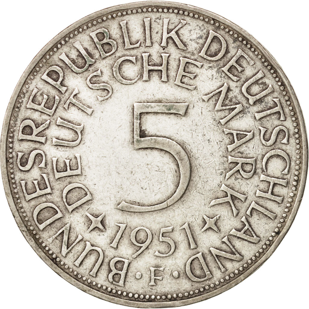 GERMANY - FEDERAL REPUBLIC, 5 Mark, 1951, Stuttgart, EF(40-45), Silver, KM:112.1