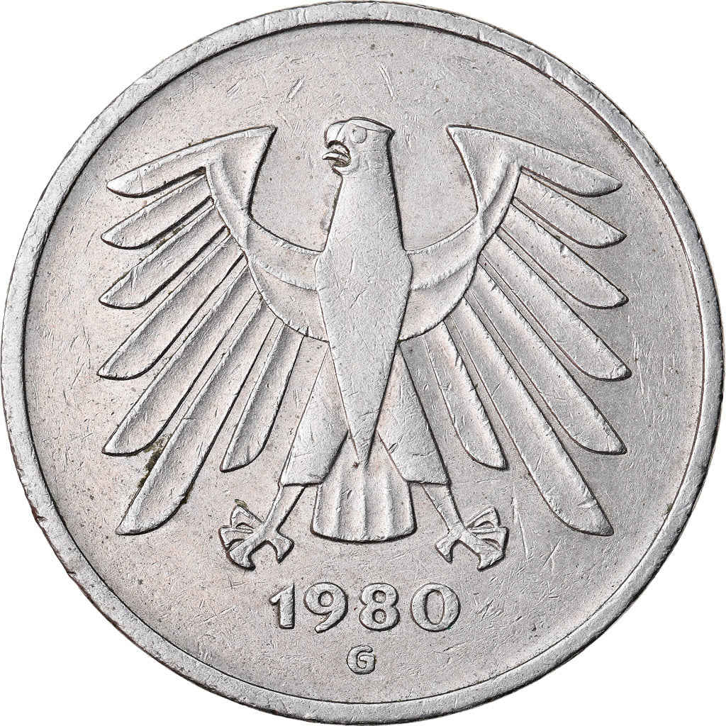 Coin, GERMANY - FEDERAL REPUBLIC, 5 Mark, 1980, Karlsruhe, EF(40-45)