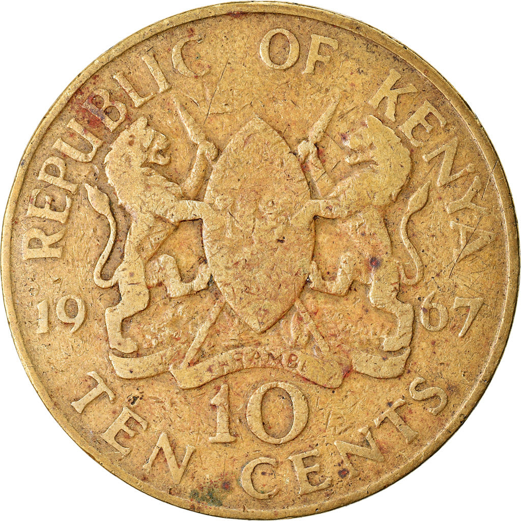 Moneda, Kenia, 10 Cents, 1967, BC+, Níquel - latón, KM:2
