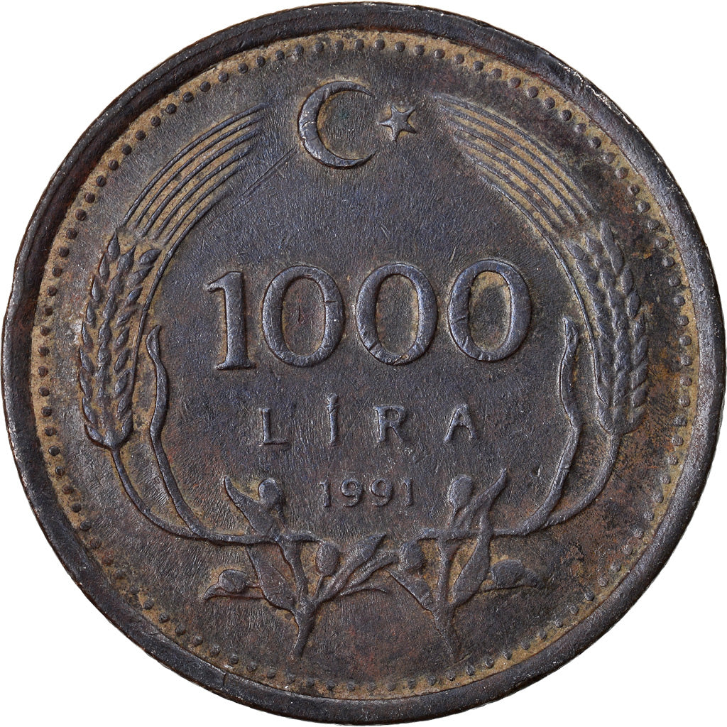 Moneta, Turcja, 1000 Lira, 1991, AU(50-53), Mosiądz niklowy, KM:997