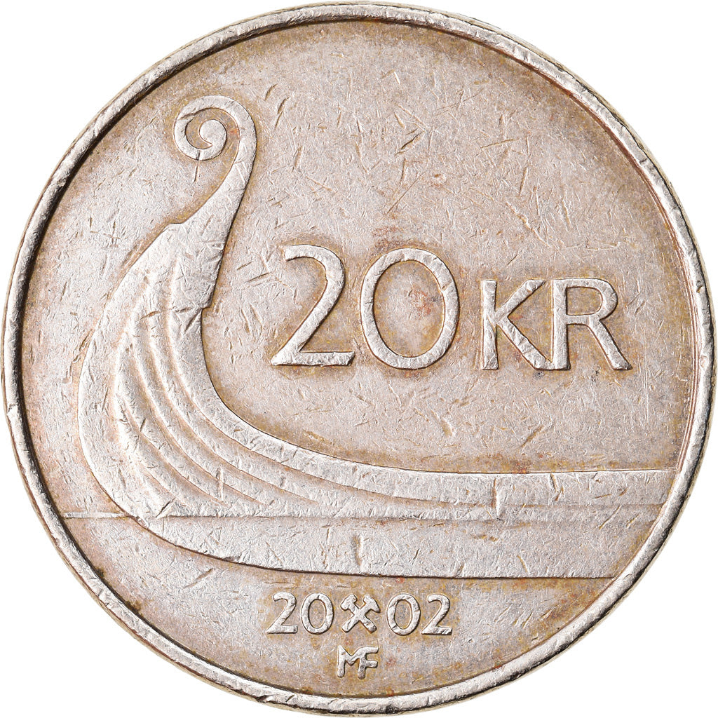 Moneta, Norwegia, Harald V, 20 Kroner, 2002, VF(30-35), Mosiądz niklowy, KM:453