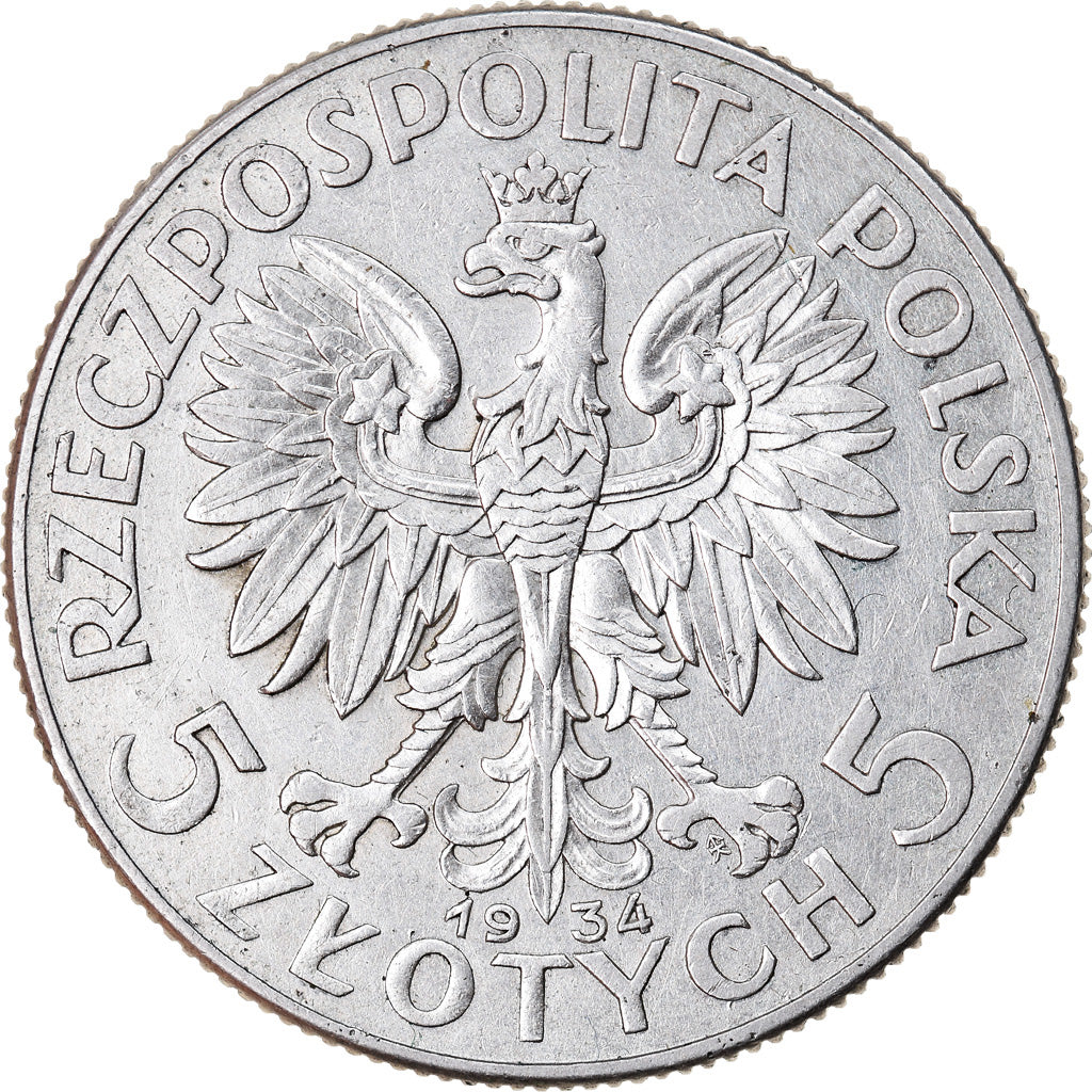 Coin, Poland, 5 Zlotych, 1934, Warsaw, AU(55-58), Silver, KM:21