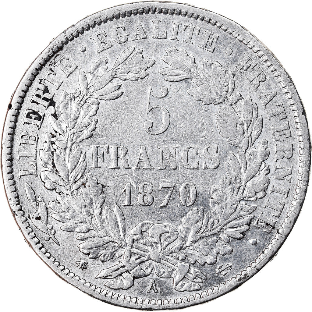 Moneta, Francia, Cérès, 5 Francs, 1870, Paris, Cérès avec légende, BB