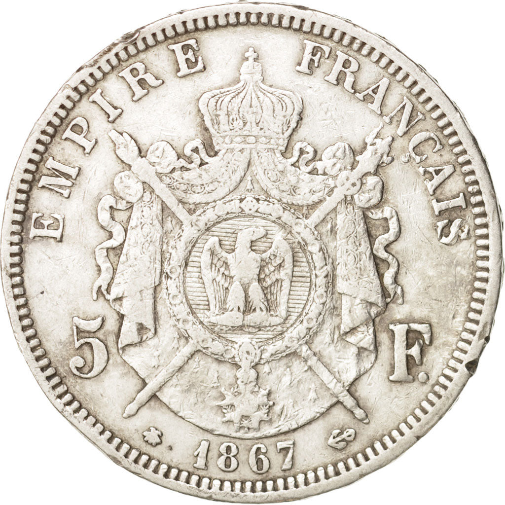 France, Napoleon III,5 Francs, 1867,Paris,VF(30-35),Silver, KM 799.1,Gadoury 739