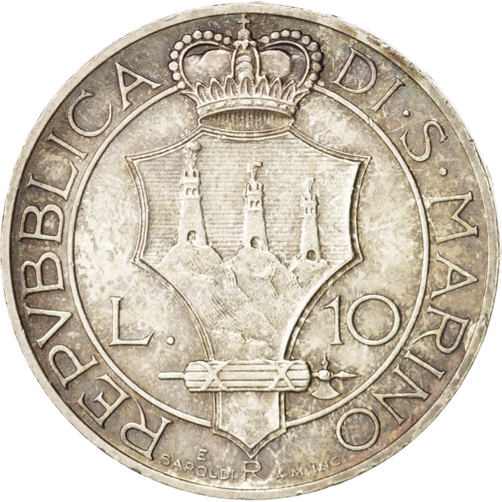 San Marino, 10 Lire, 1937, Rome, AU(50-53), Silver, KM:10