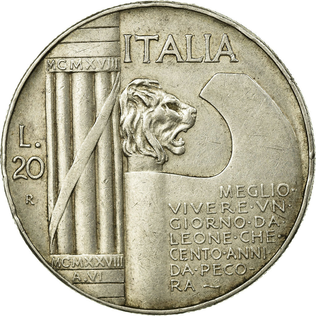Coin, Italy, Vittorio Emanuele III, 20 Lire, 1928, Rome, AU(50-53), Silver