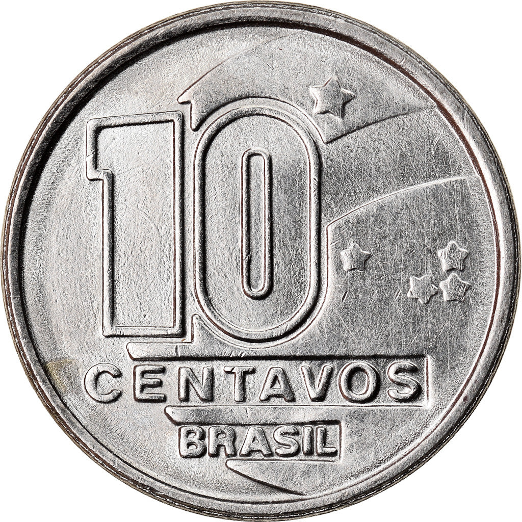 Moneta, Brazylia, 10 Centavos, 1990, MS(63), Stal nierdzewna, KM:613