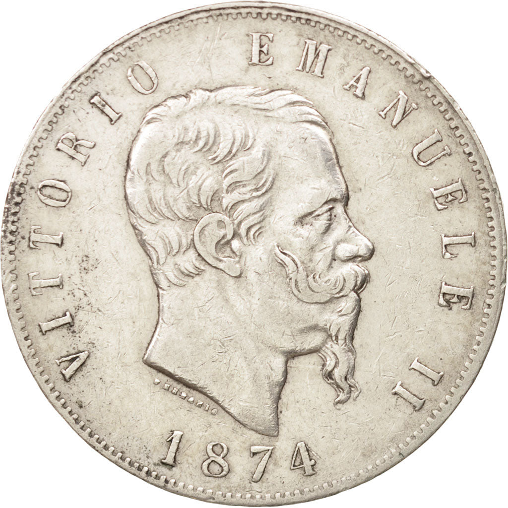 Italy, Vittorio Emanuele II, 5 Lire, 1874, Milan, AU(50-53), Silver, KM:8.3