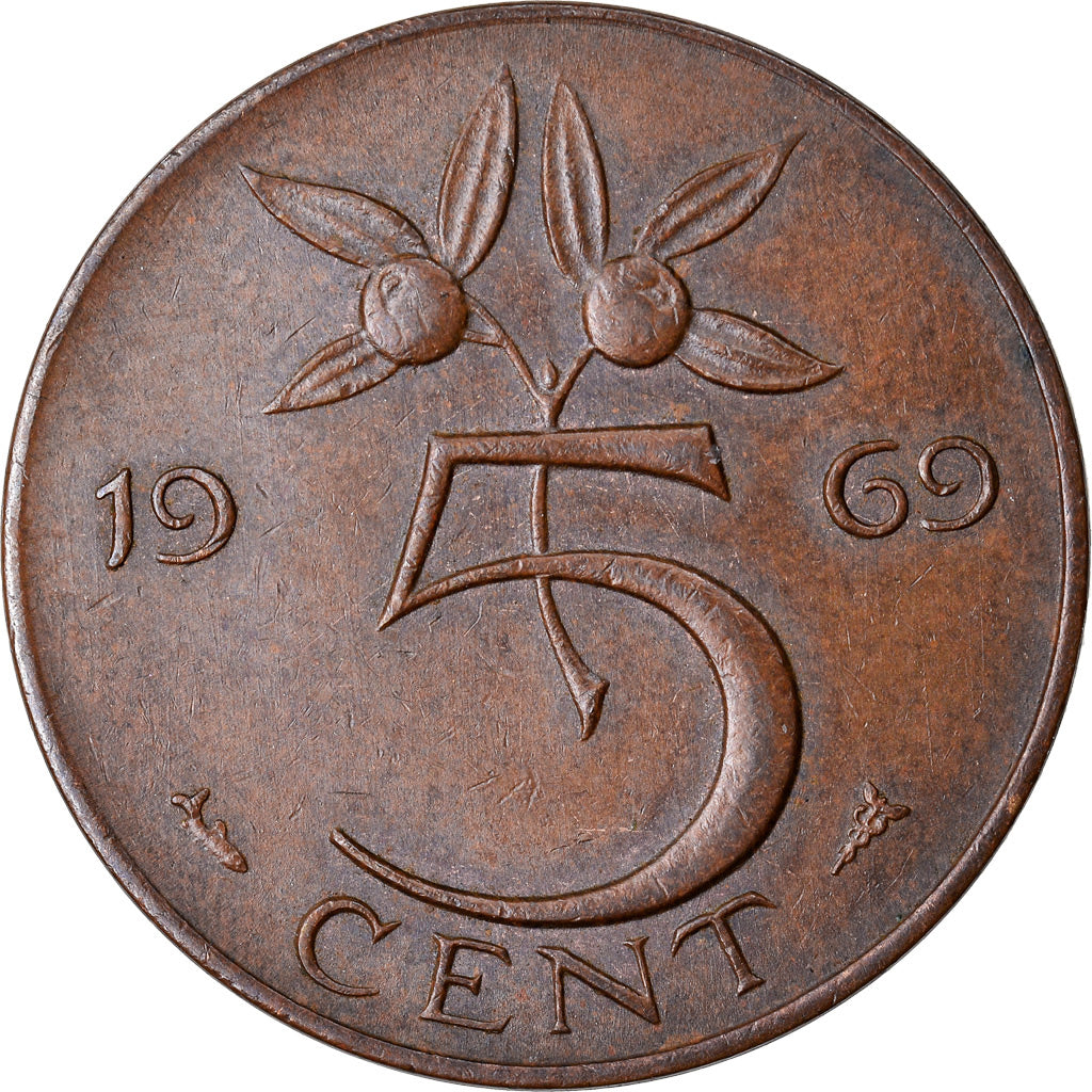 Moneda, Países Bajos, Juliana, 5 Cents, 1969, MBC+, Bronce, KM:181