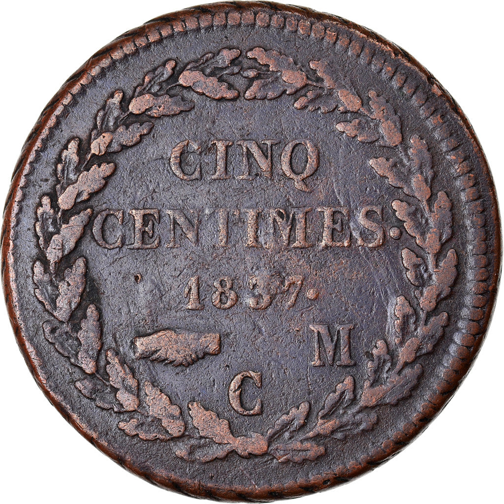 Moneta, Monaco, Honore V, 5 Centimes, Cinq, 1837, Monaco, Grosse tête, MB