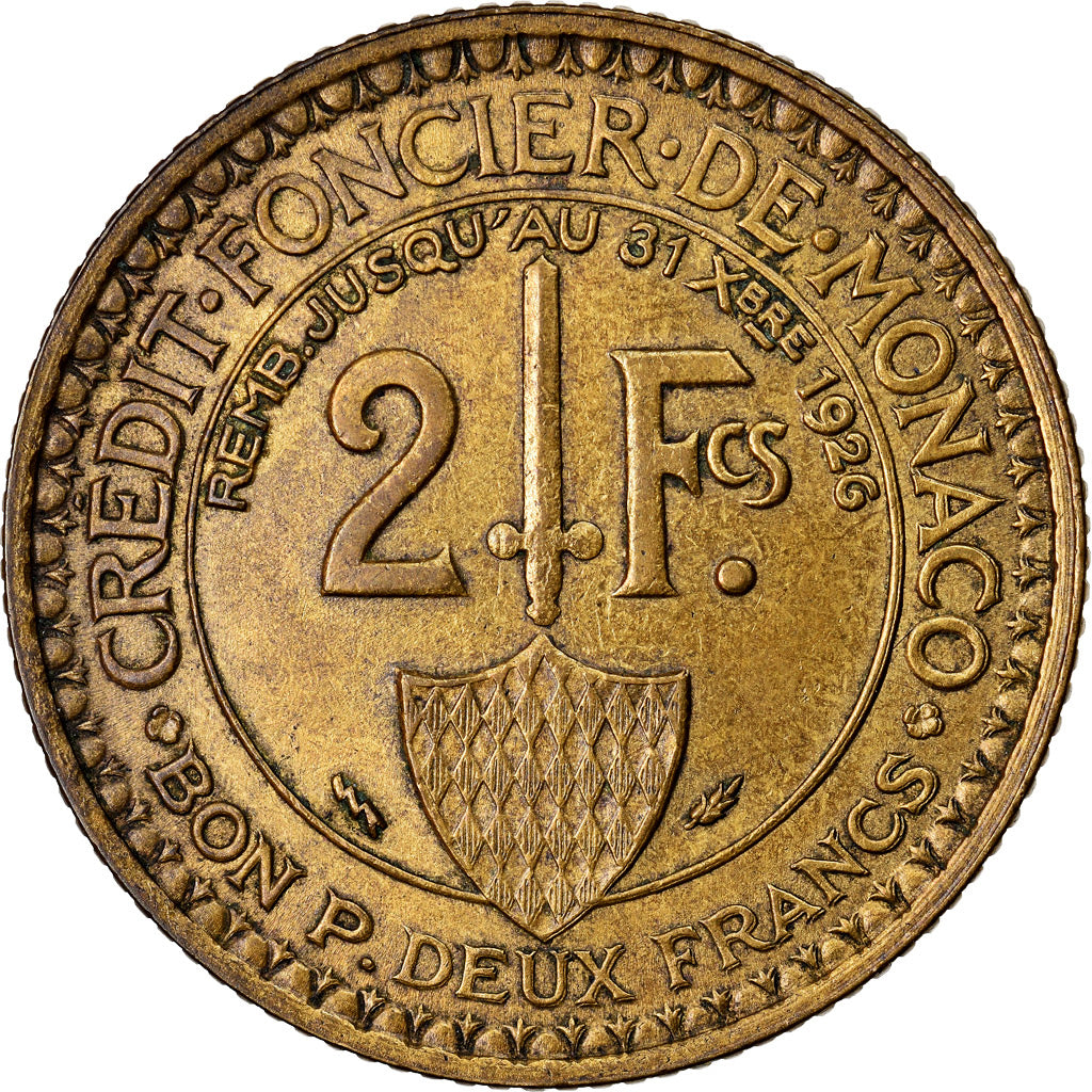 Coin, Monaco, Louis II, 2 Francs, 1924, Poissy, EF(40-45), Aluminum-Bronze