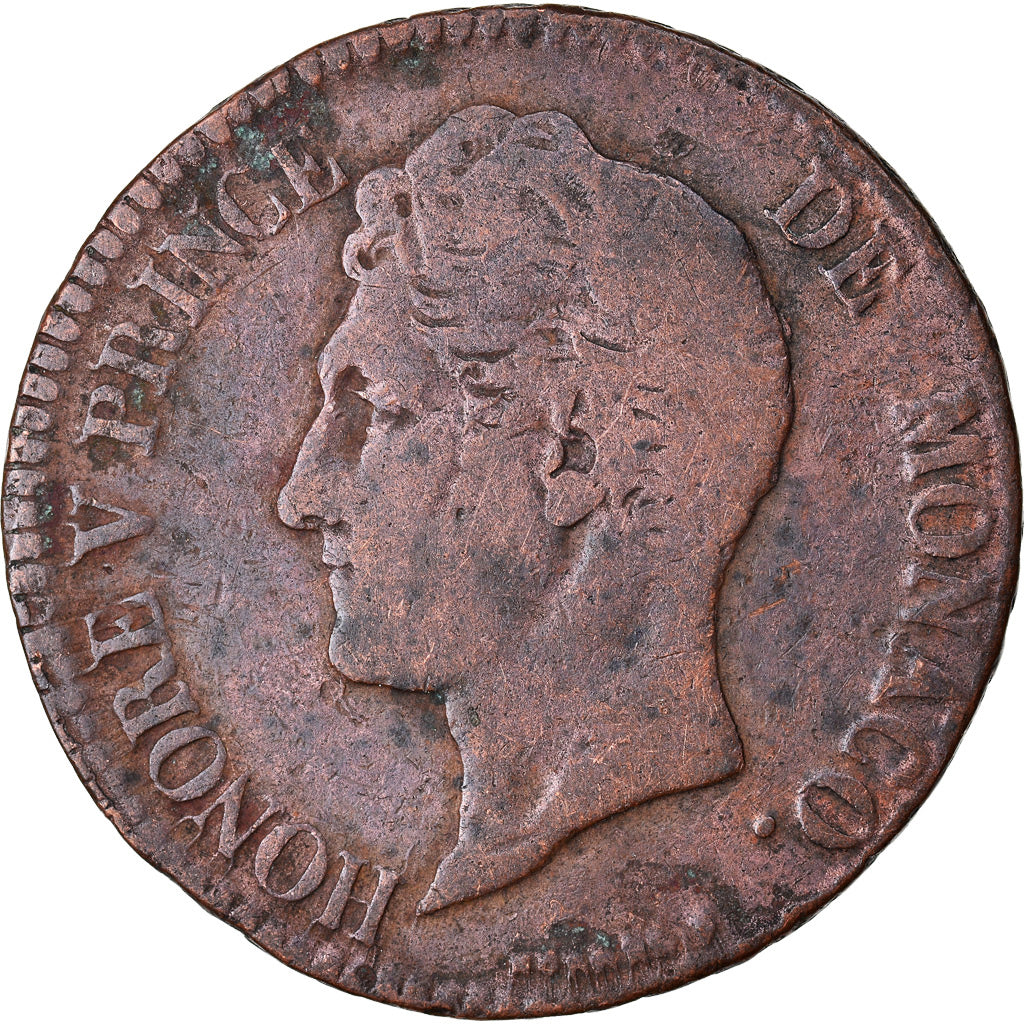 Coin, Monaco, Honore V, 5 Centimes, Cinq, 1837, Monaco, F(12-15), Copper