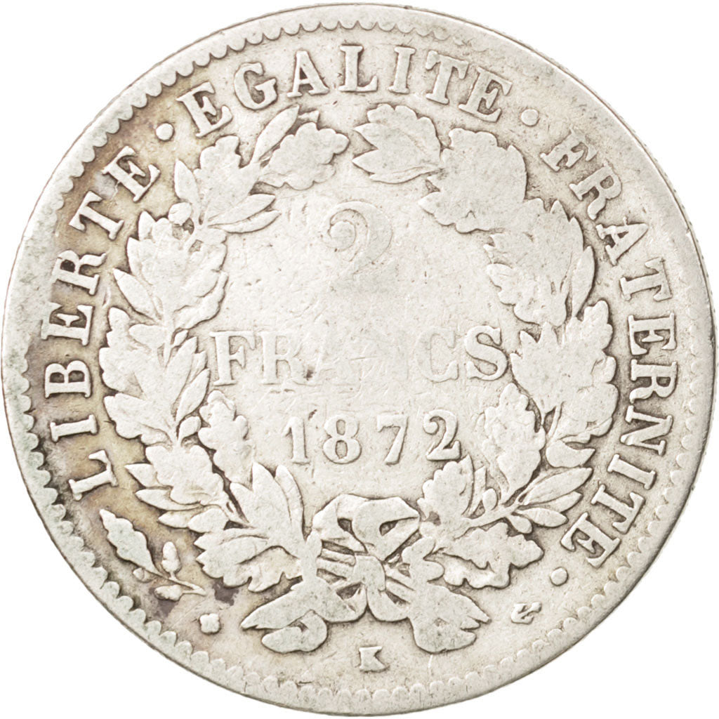 France, Cérès, 2 Francs, 1872, Bordeaux, TB, Argent, KM:817.2, Gadoury:527