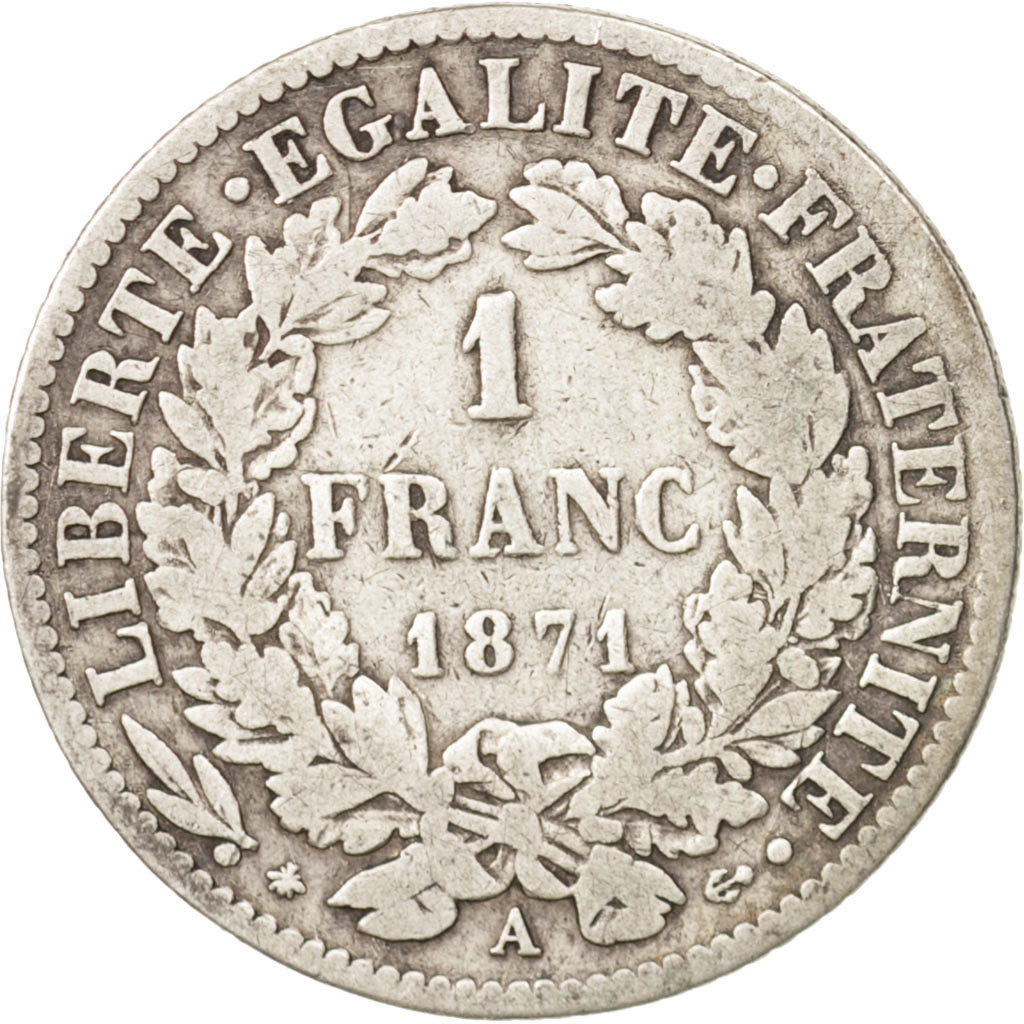 France, Cérès, Franc, 1871, Paris, VF(20-25), Silver, KM:822.1, Gadoury:465