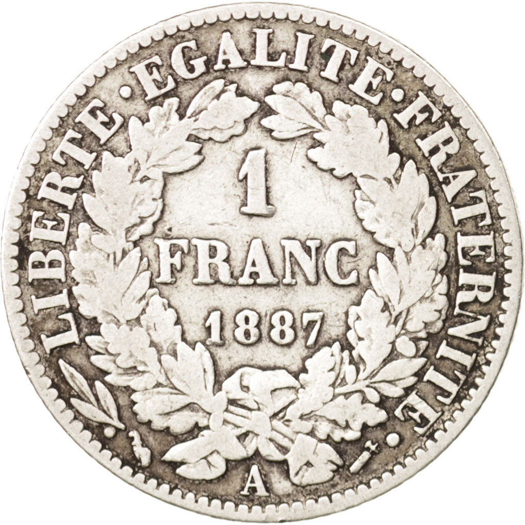 France, Cérès, Franc, 1887, Paris, VF(20-25), Silver, KM:822.1, Gadoury:465a