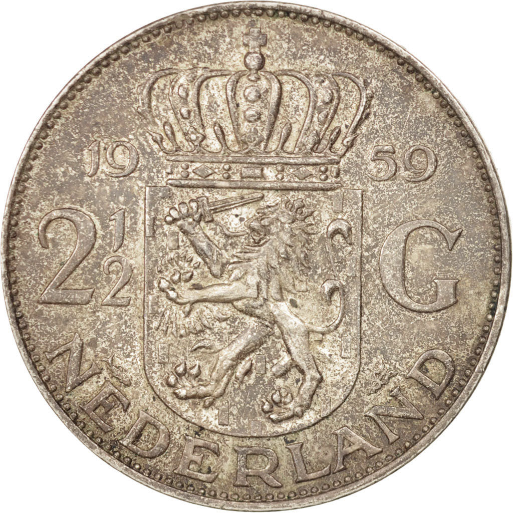 Netherlands, Juliana, 2-1/2 Gulden, 1959, AU(50-53), Silver, KM:185