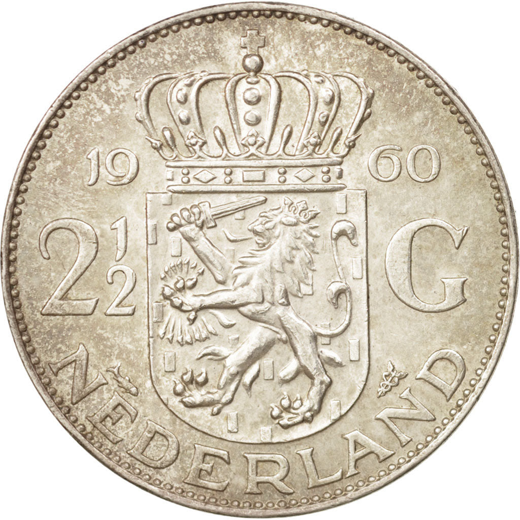 Netherlands, Juliana, 2-1/2 Gulden, 1960, AU(50-53), Silver, KM:185