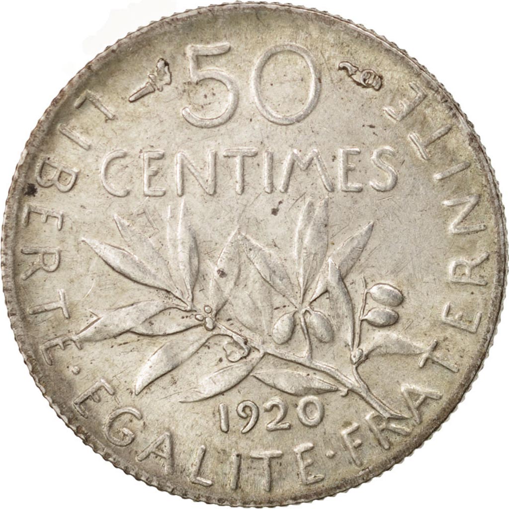 France, Semeuse, 50 Centimes, 1920, Paris, AU(50-53), Silver, KM:854,Gadoury 420