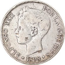 Moneta, Spagna, Alfonso XIII, 5 Pesetas, 1898, Madrid, MB, Argento, KM:707