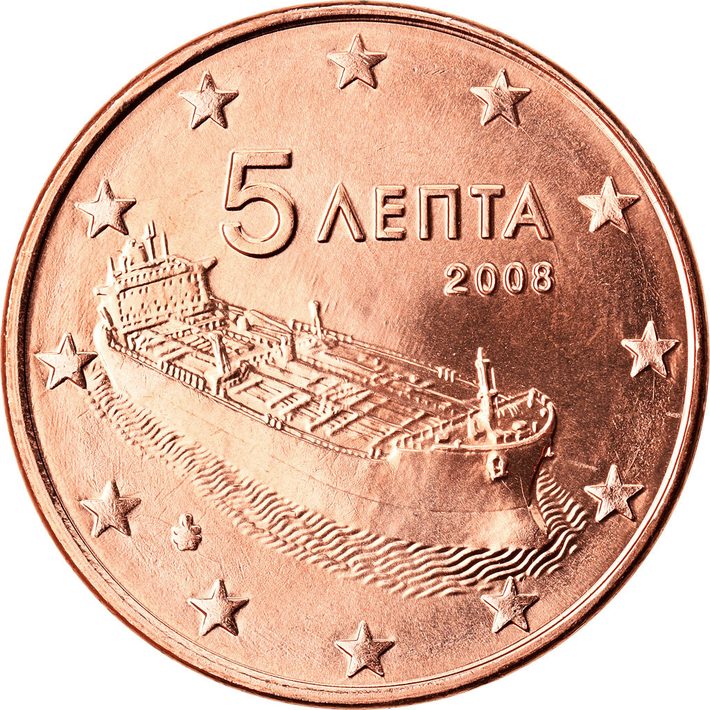 Grecia, 5 Euro Cent, 2008, SC, Cobre chapado en acero, KM:183