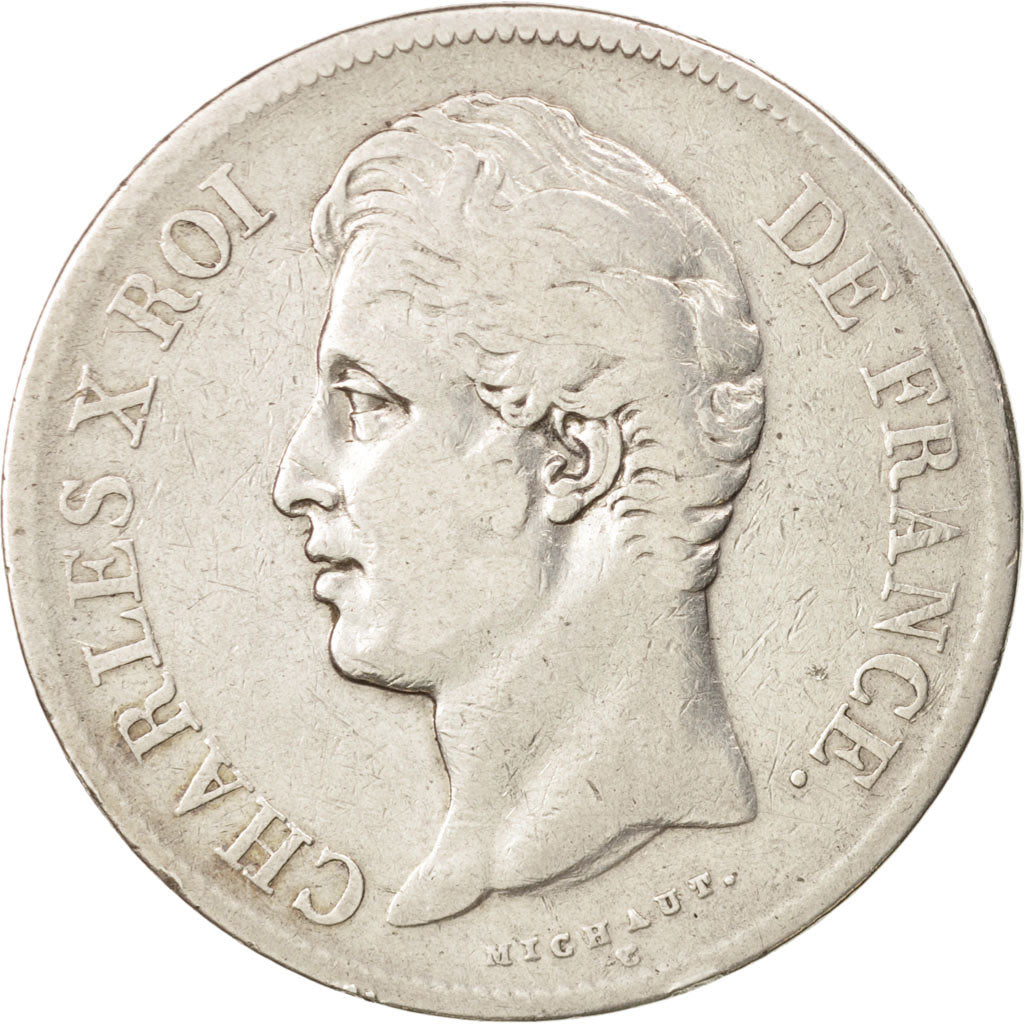 Moneda, Francia, Charles X, 5 Francs, 1827, Lille, BC+, Plata, KM:728.13