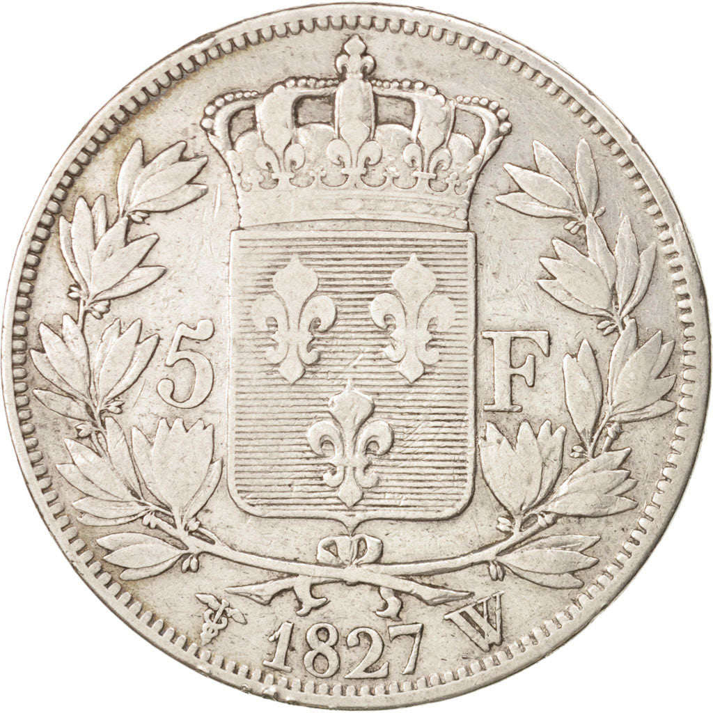 Moneda, Francia, Charles X, 5 Francs, 1827, Lille, BC+, Plata, KM:728.13