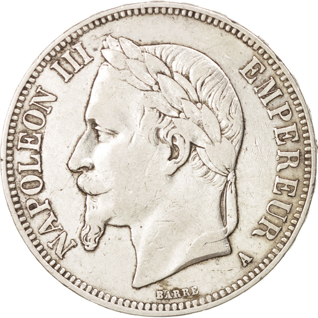 France, Napoleon III,5 Francs,1870, Paris, EF(40-45),Silver,KM 799.1,Gadoury 739