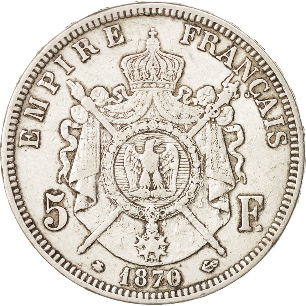 France, Napoleon III,5 Francs,1870, Paris, EF(40-45),Silver,KM 799.1,Gadoury 739