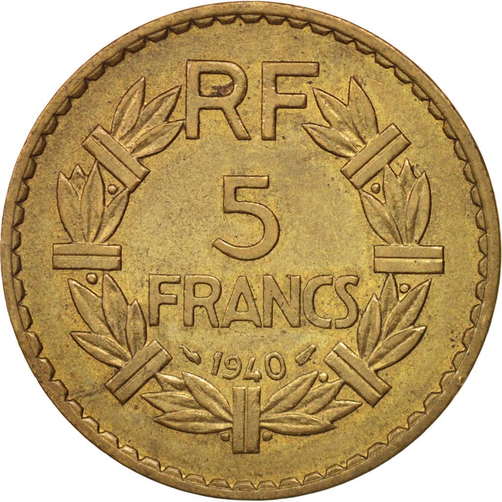 France,Lavrillier,5 Francs,1940,AU(55-58),Alu-Bronze,KM:888a.1,Gadoury 888a.1