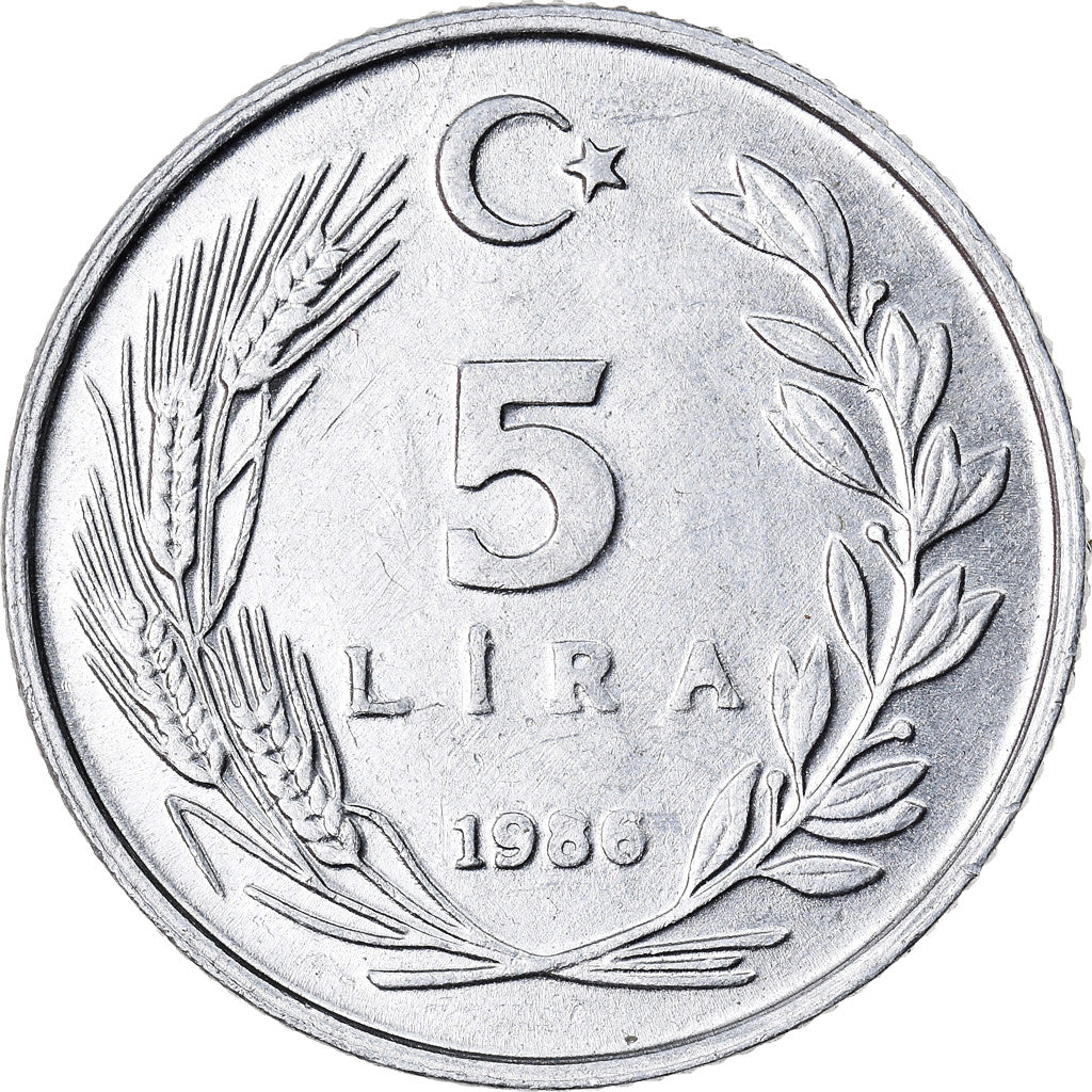 Moneta, Turcja, 5 Lira, 1986, AU(50-53), Aluminium, KM:963