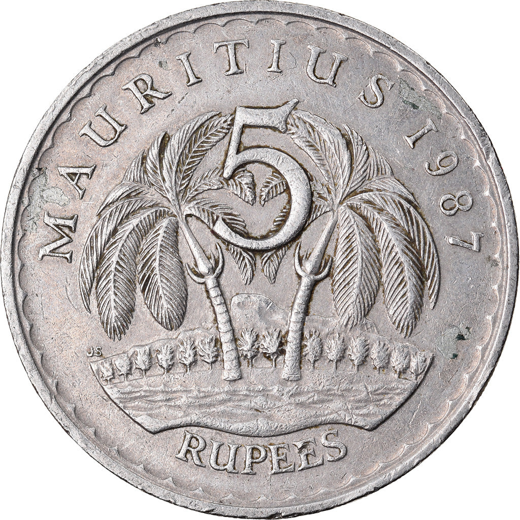 Coin, Mauritius, 5 Rupees, 1987, EF(40-45), Copper-nickel, KM:56