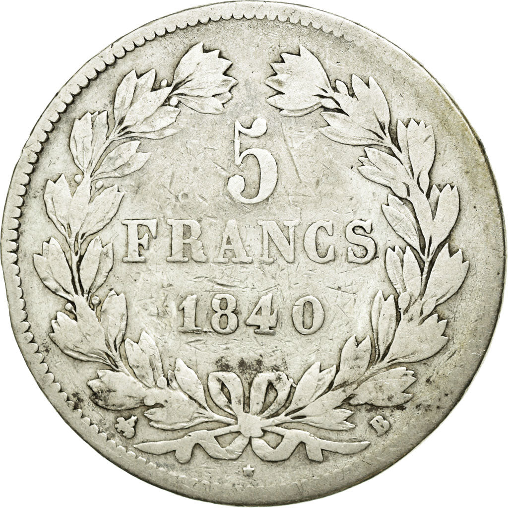 Moneda, Francia, Louis-Philippe, 5 Francs, 1840, Rouen, BC+, Plata, KM:749.2