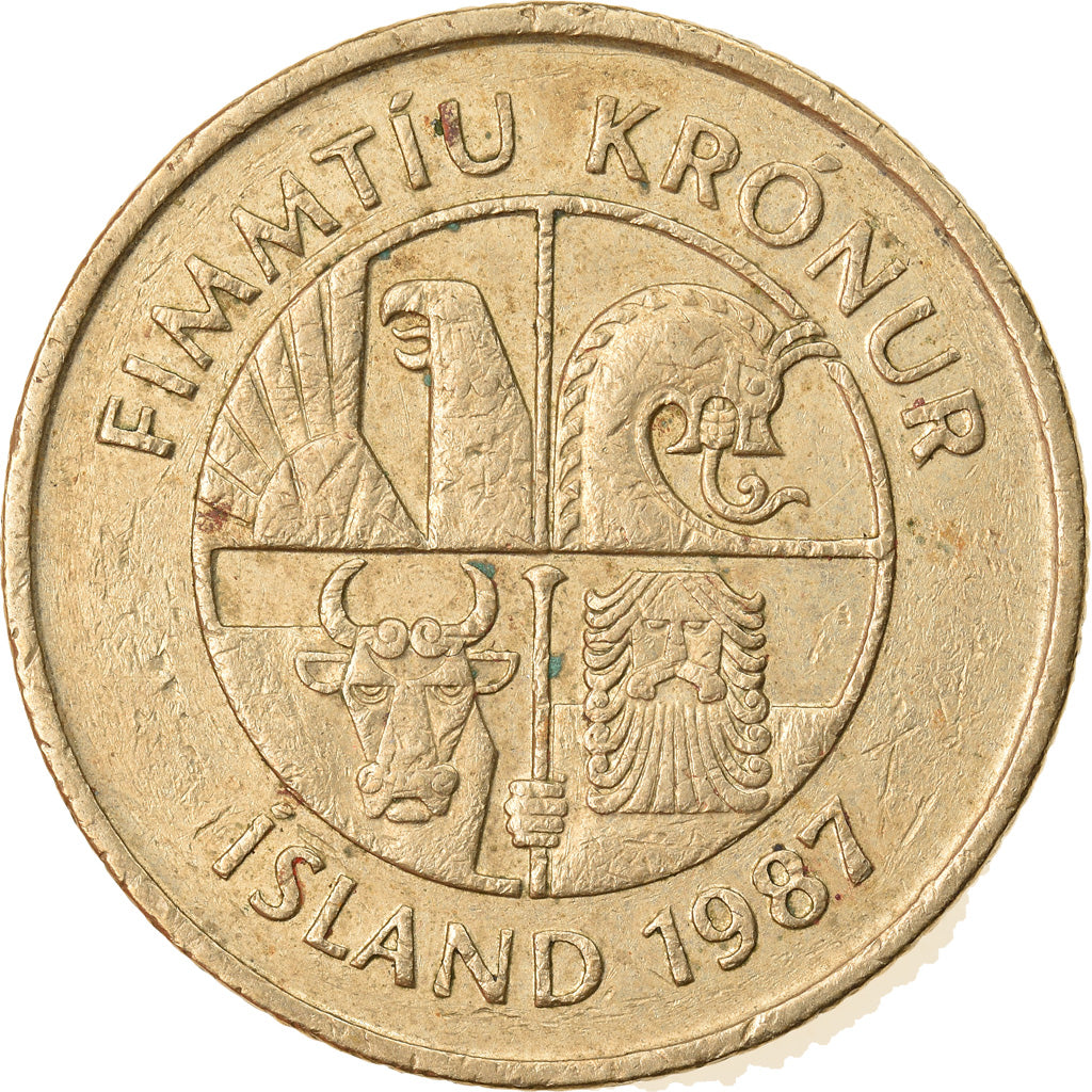 Coin, Iceland, 50 Kronur, 1987, EF(40-45), Nickel-brass, KM:31