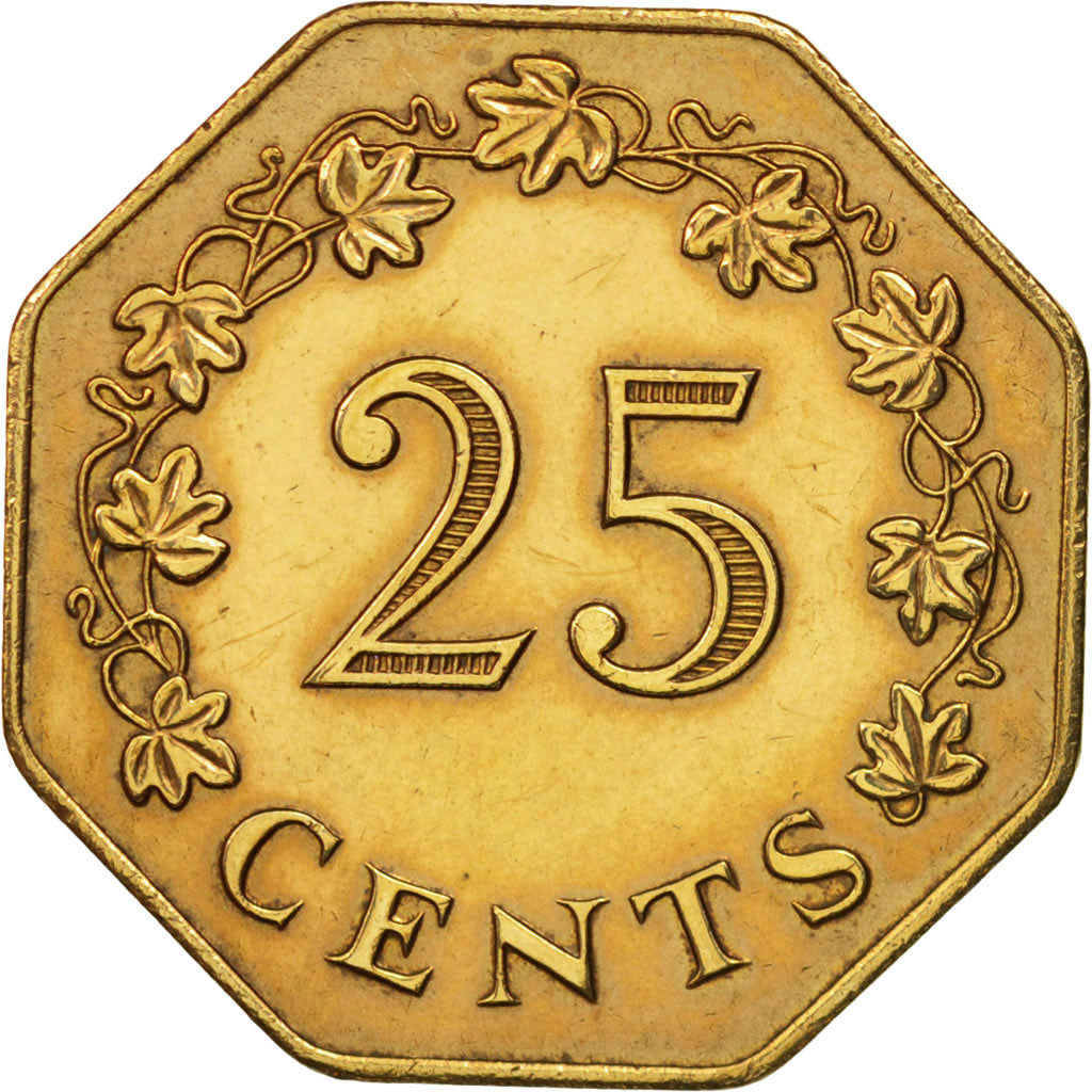 Malta, 25 Cents, 1975, AU(50-53), Brass, KM:29