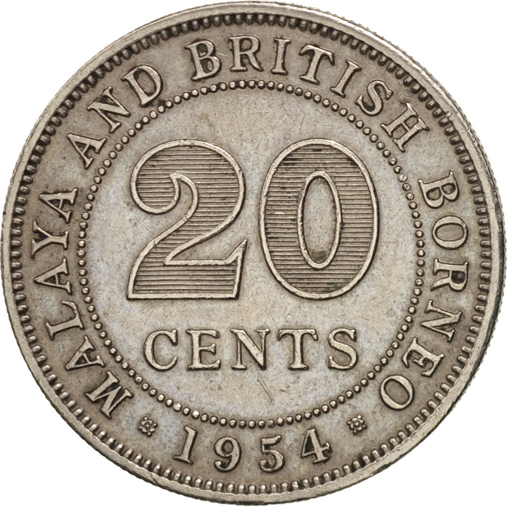 MALAYA & BRITISH BORNEO, 20 Cents, 1954, AU(50-53), Copper-nickel, KM:3