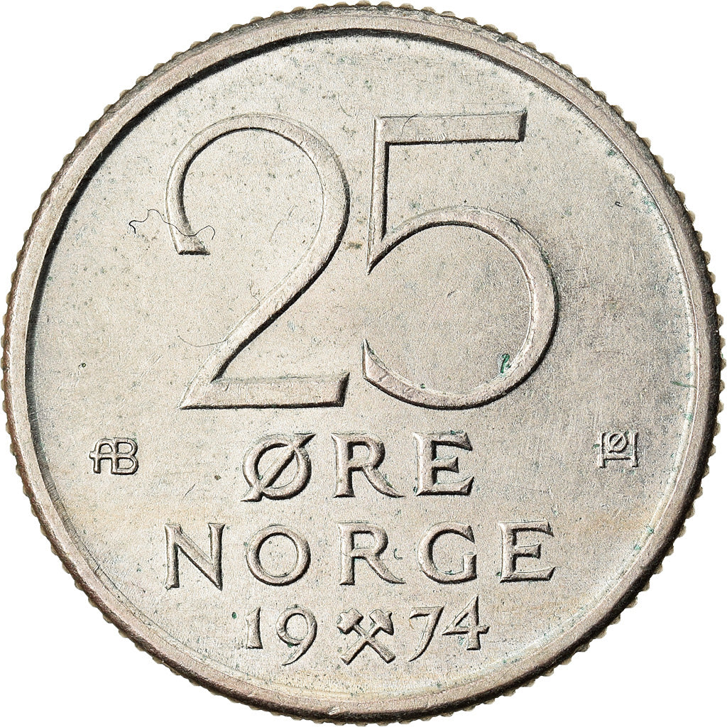 Moneda, Noruega, Olav V, 25 Öre, 1974, MBC, Cobre - níquel, KM:417