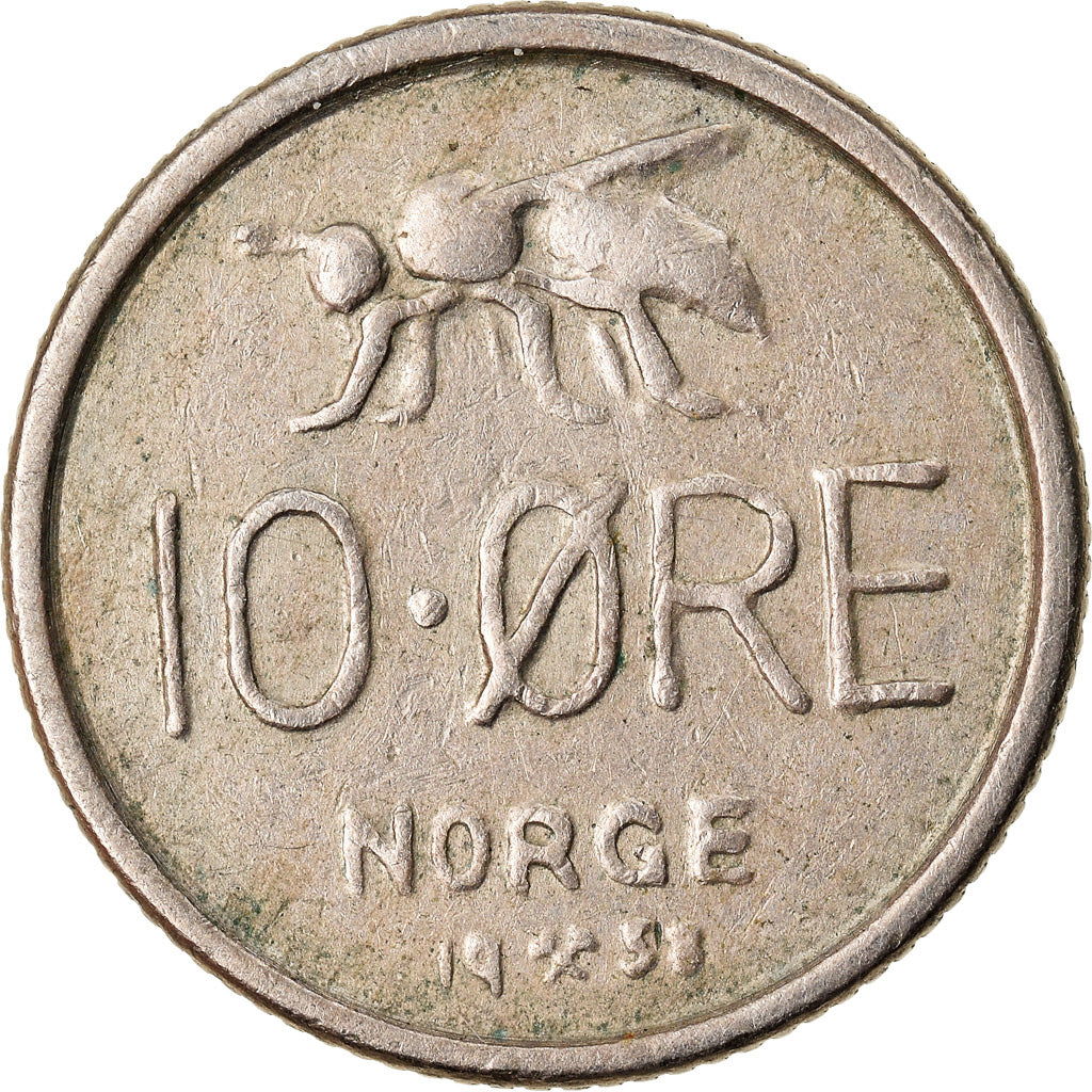 Coin, Norway, Olav V, 10 Öre, 1958, EF(40-45), Copper-nickel, KM:406