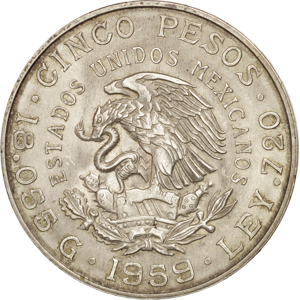 Mexico, 5 Pesos, 1959, Mexico City, AU(50-53), Silver, KM:471