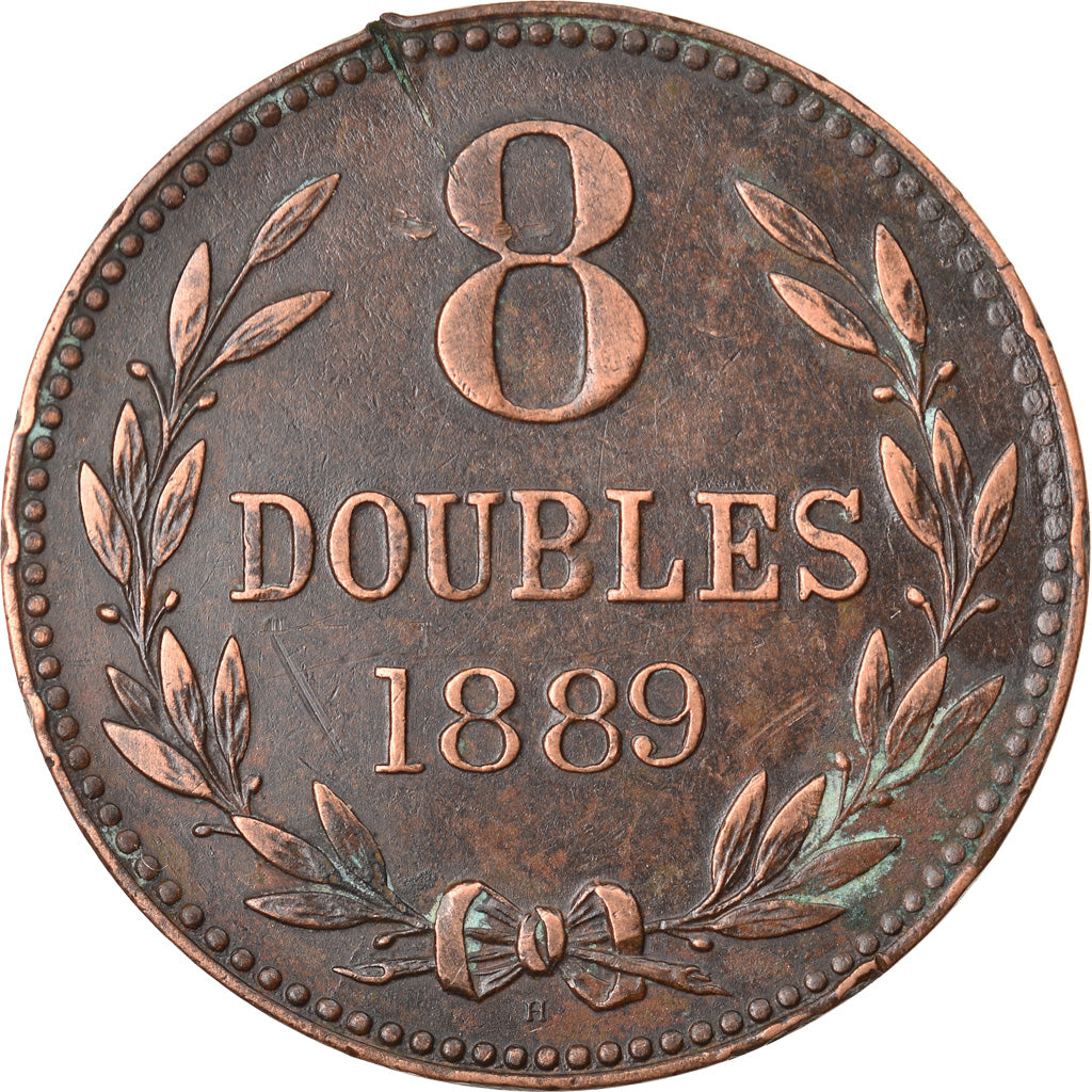 Coin, Guernsey, 8 Doubles, 1889, Heaton, Birmingham, EF(40-45), Bronze, KM:7