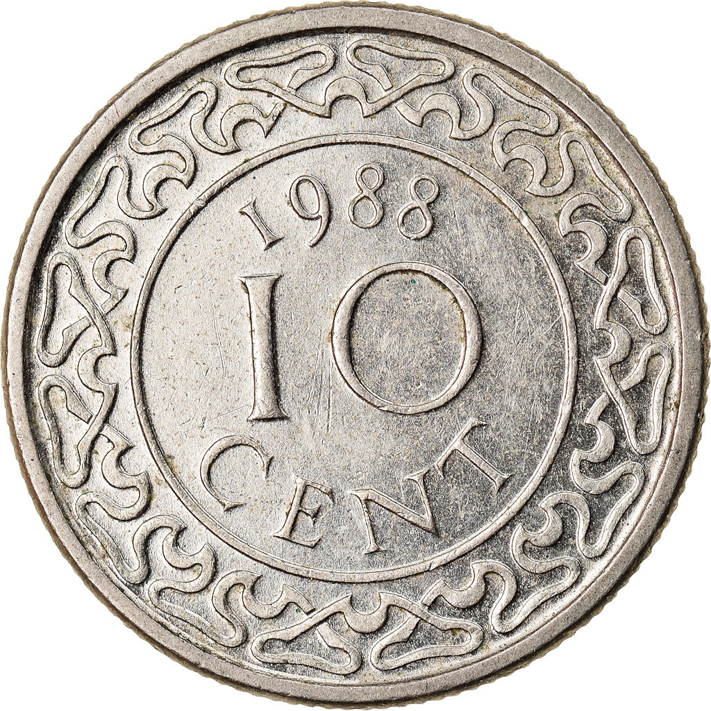 Moneda, Surinam, 10 Cents, 1988, MBC, Níquel chapado en acero, KM:13a