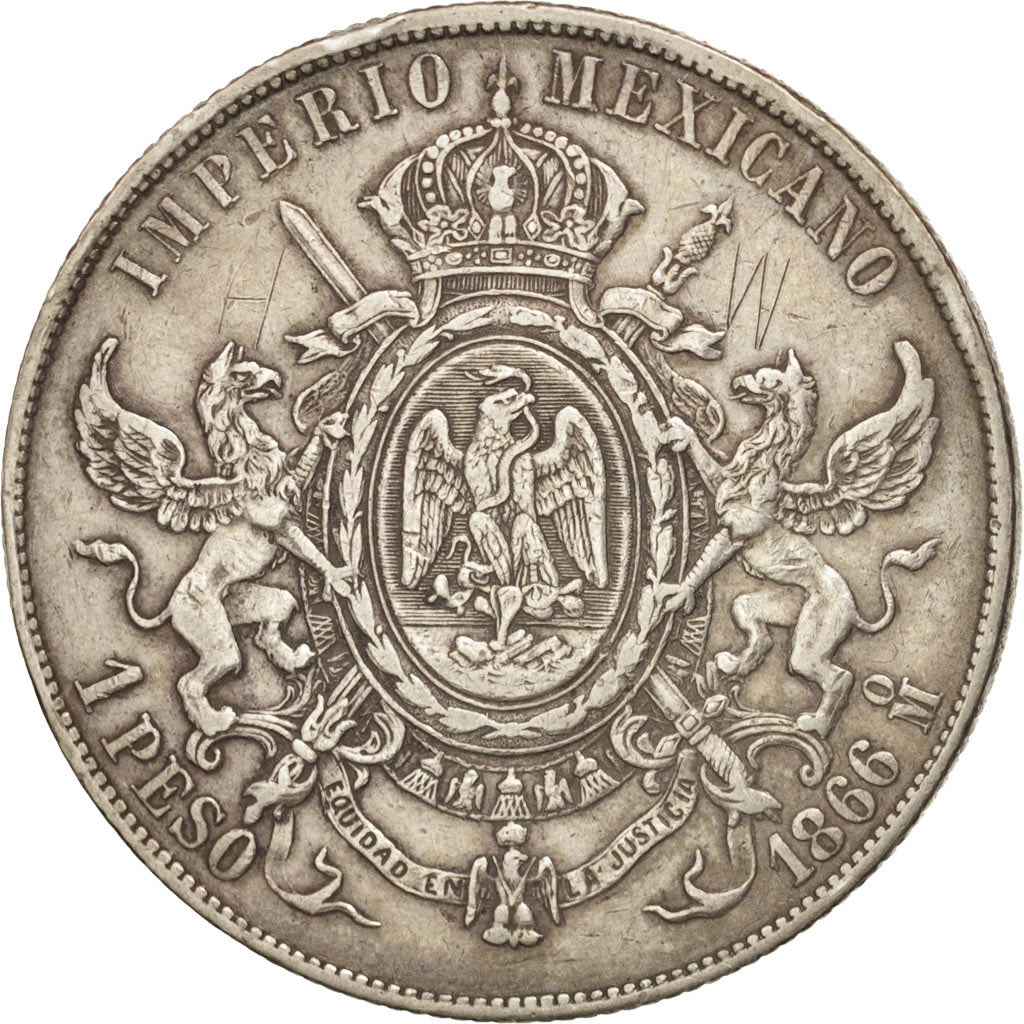 Mexico, Maximilian, Peso, 1866, Mexico City, EF(40-45), Silver, KM:388.1