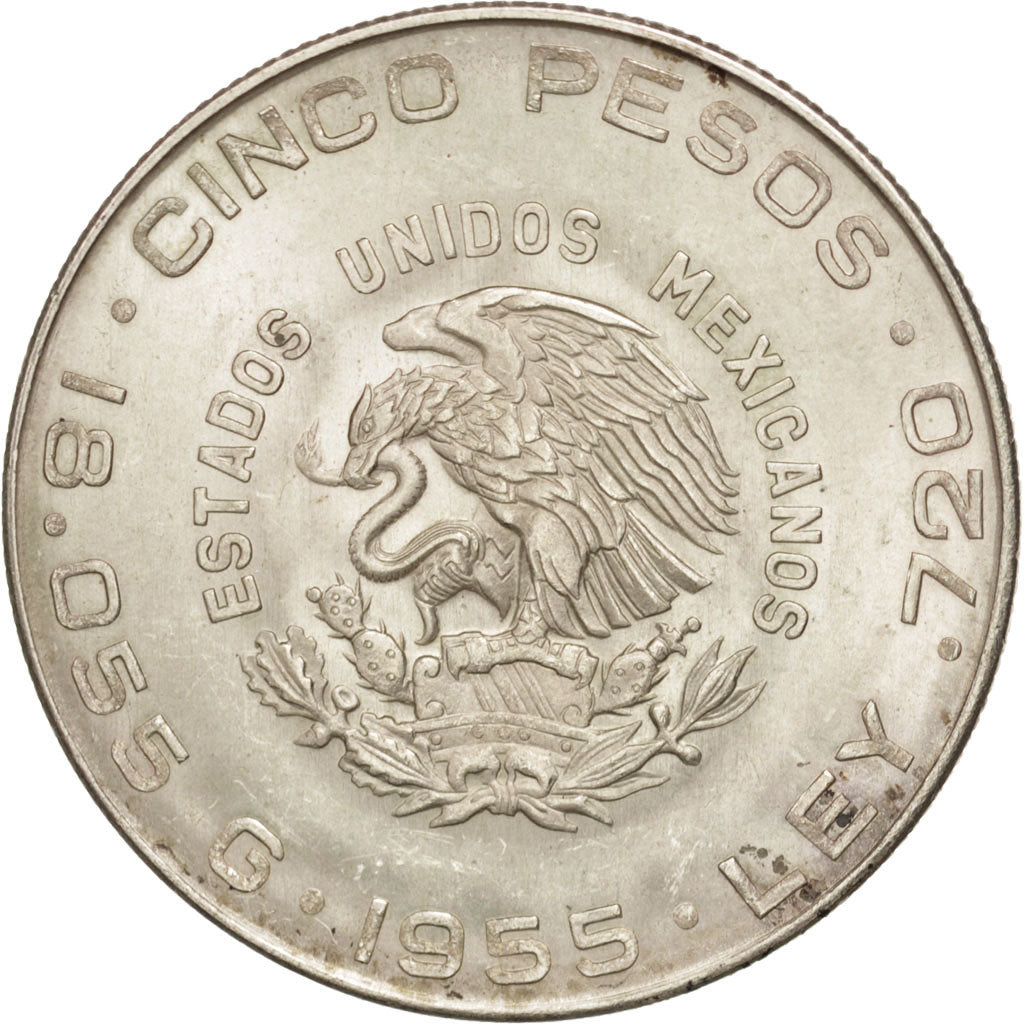 Mexico, 5 Pesos, 1955, Mexico City, AU(55-58), Silver, KM:469