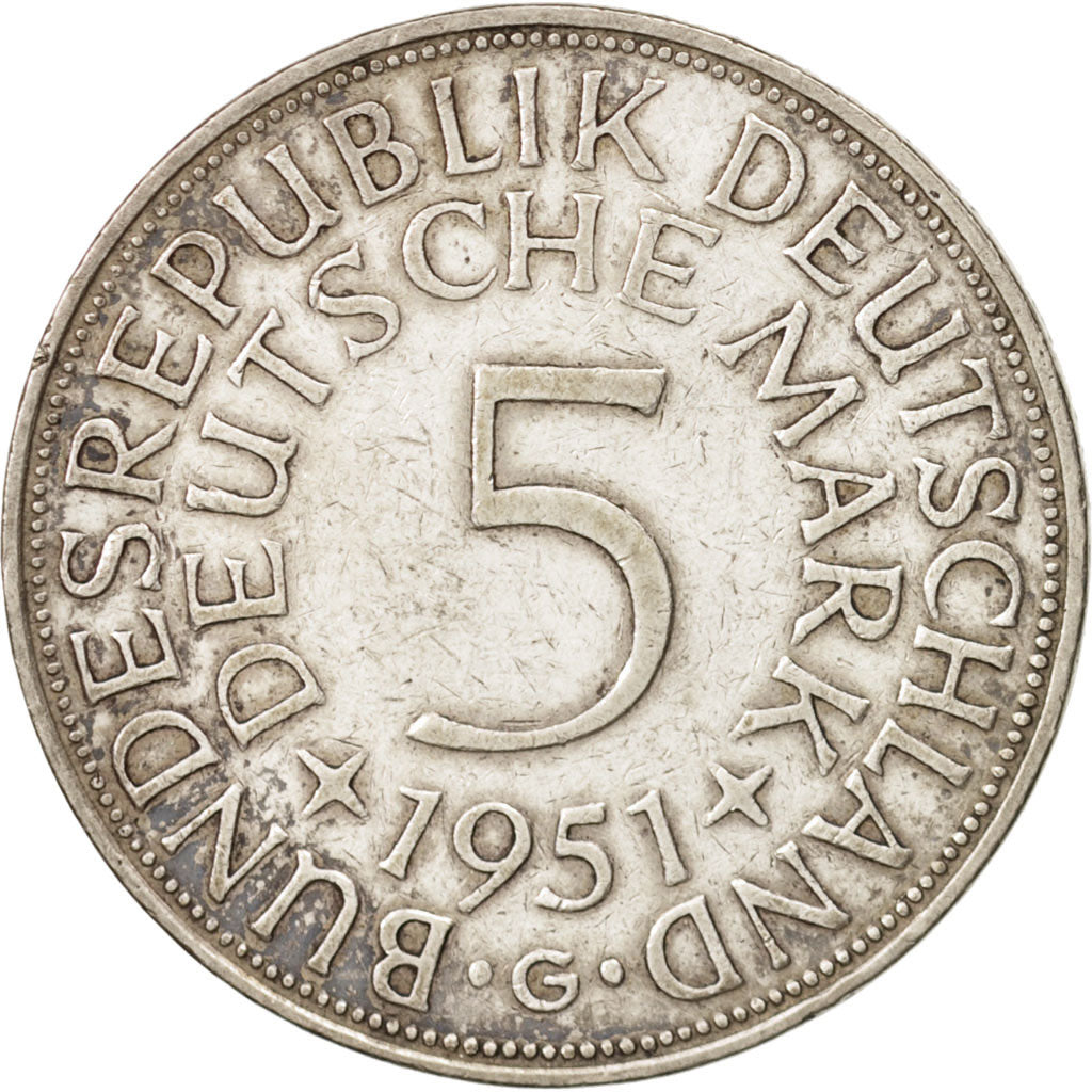 GERMANY - FEDERAL REPUBLIC, 5 Mark, 1951, EF(40-45), Silver, KM:112.1