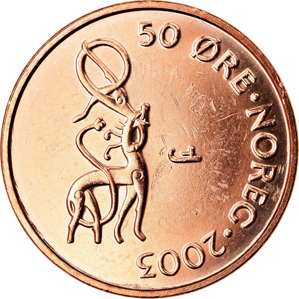 Coin, Norway, Harald V, 50 Öre, 2003, AU(55-58), Bronze, KM:460