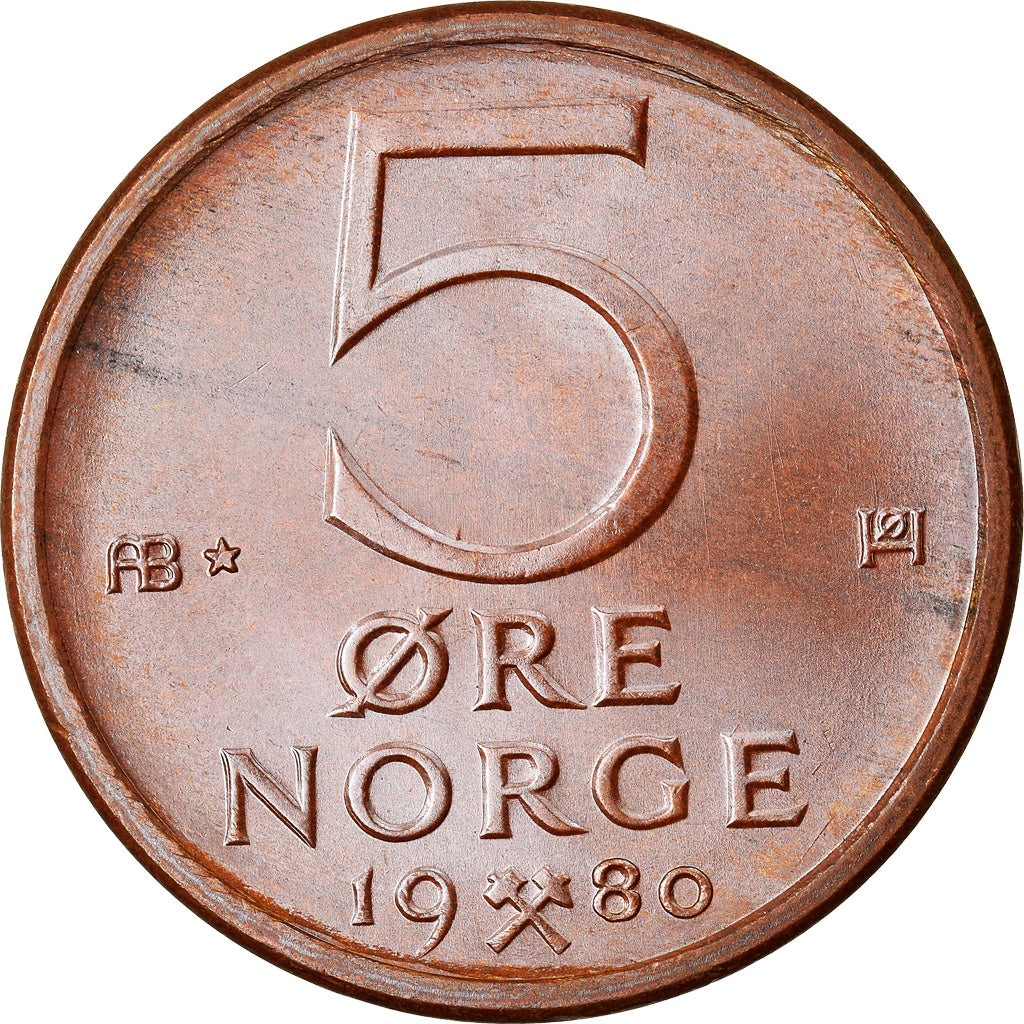 Moneda, Noruega, Olav V, 5 Öre, 1980, SC, Bronce, KM:415
