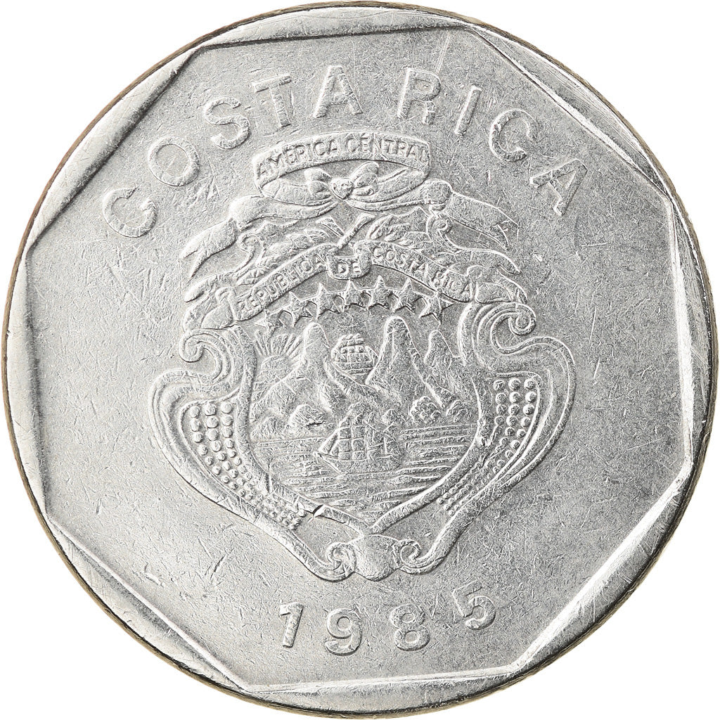 Moeda, Costa Rica, 10 Colones, 1985, AU(50-53), Aço Inoxidável, KM:215.2