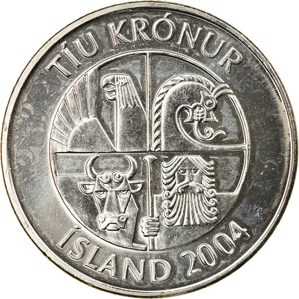 Coin, Iceland, 10 Kronur, 2004, MS(63), Nickel plated steel, KM:29.1a