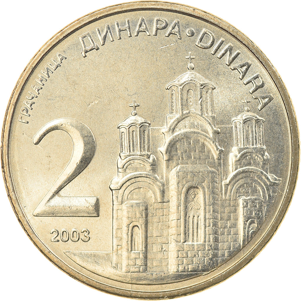 Coin, Serbia, 2 Dinara, 2003, MS(63), Copper-Nickel-Zinc, KM:35