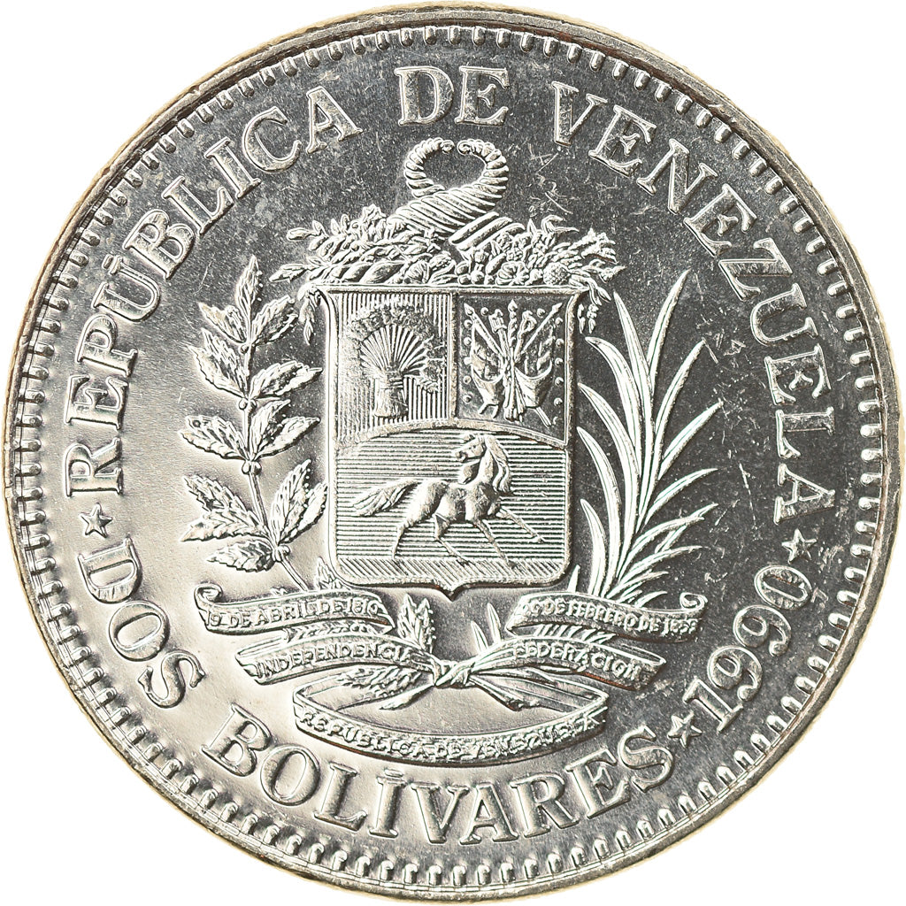 Moeda, Venezuela, 2 Bolivares, 1990, MS(65-70), Aço Revestido a Níquel